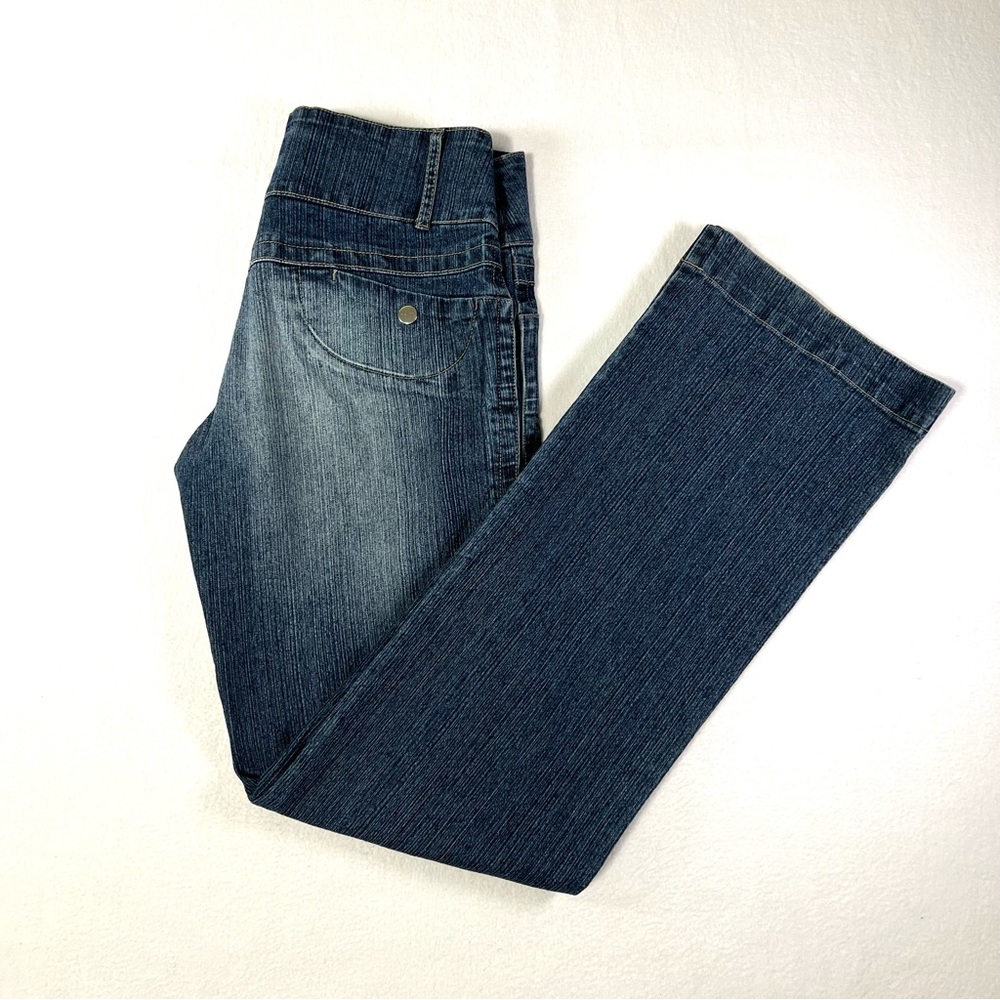 XFN Women's TAG L Waist 27.5 Classic Wide Leg Denim Blue Jeans Distressed